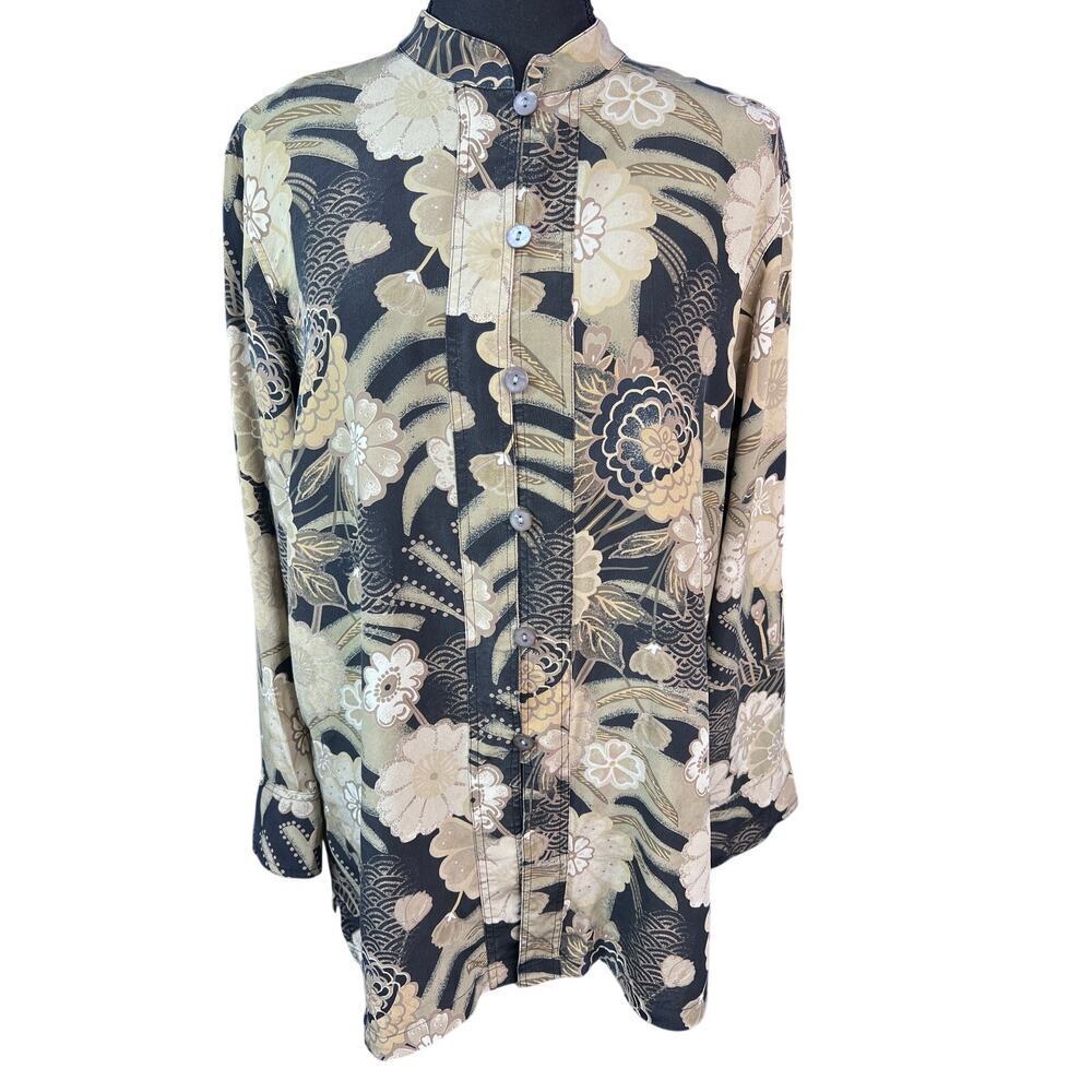 Chico’s Design 100% Silk Floral Button Up Blouse Women Size 2 Beige Black Boho